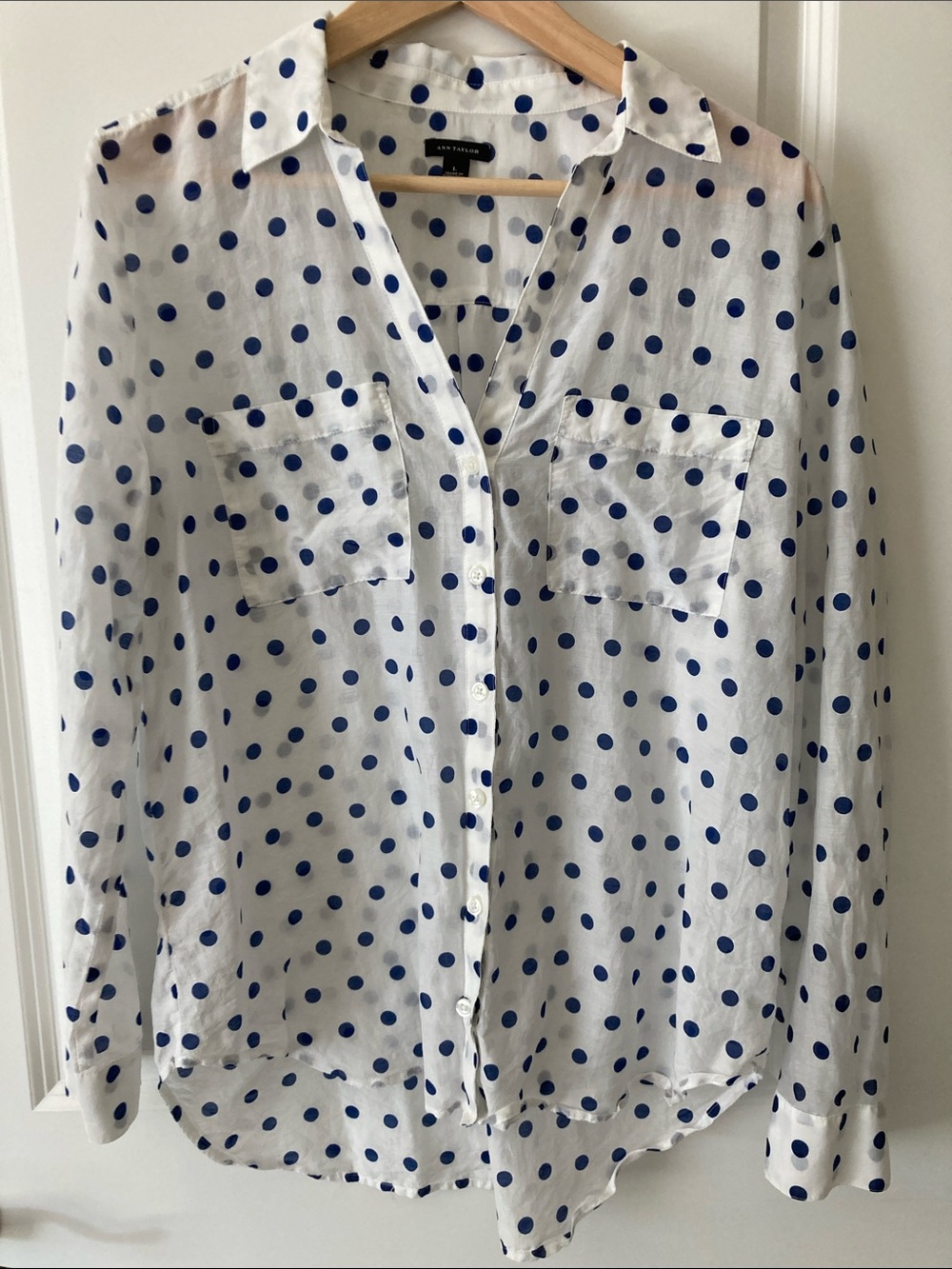 Ann Taylor White Blouse with Navy Polka Dots